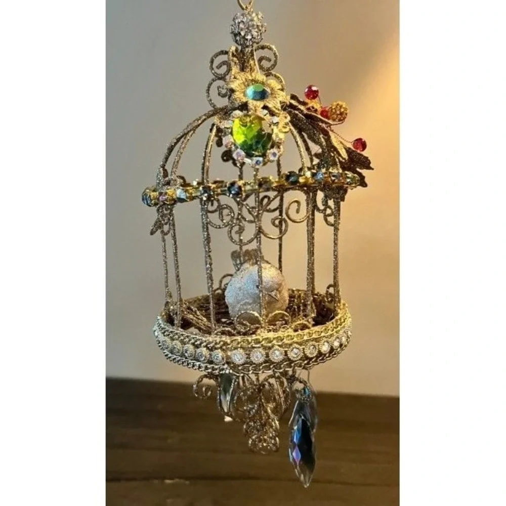 Jeweled Birdcage Christmas Ornament White Bird Rhinestone Prisms 7